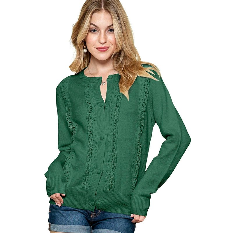 Fall 2024 New round Neck Long Sleeves Cardigan Sweater Women Fashion All - Match Lace Trim Knitted Cardigan Top Women - Kaiju Mafia