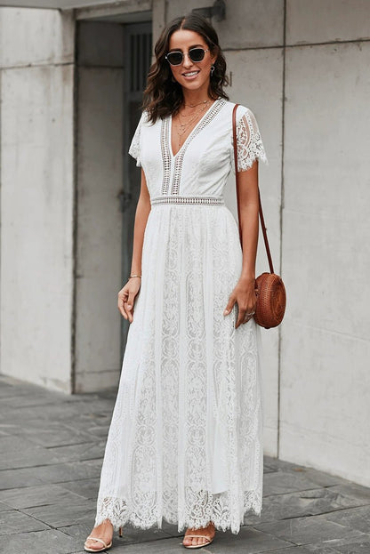 V Neck Fashion White Fairy Lace Dress Short Sleeve - Kaiju Mafia