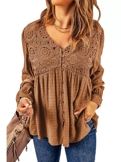 Brown Lace Crochet Shirt - Fall 2024 Women&