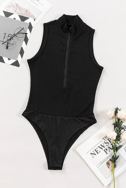 Fashion Pure Color Zipped Stand Collar Sleeveless Leotard Women&