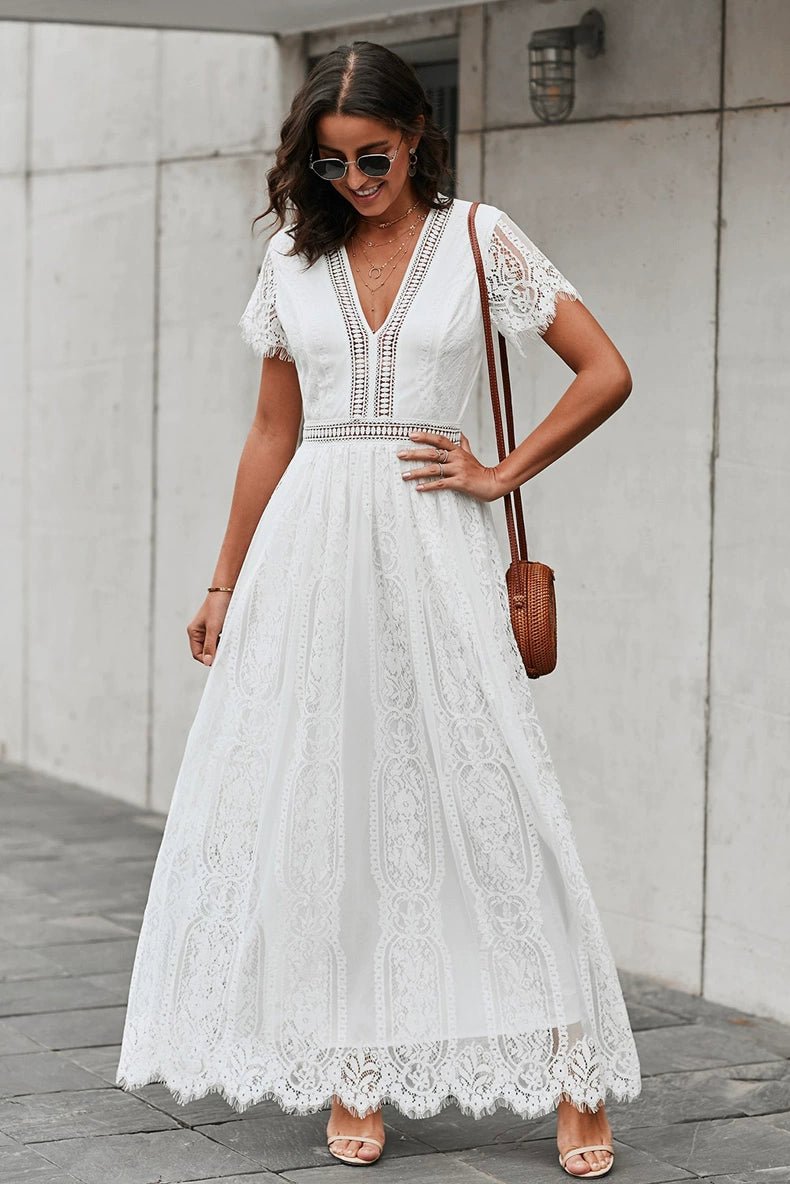 V Neck Fashion White Fairy Lace Dress Short Sleeve - Kaiju Mafia