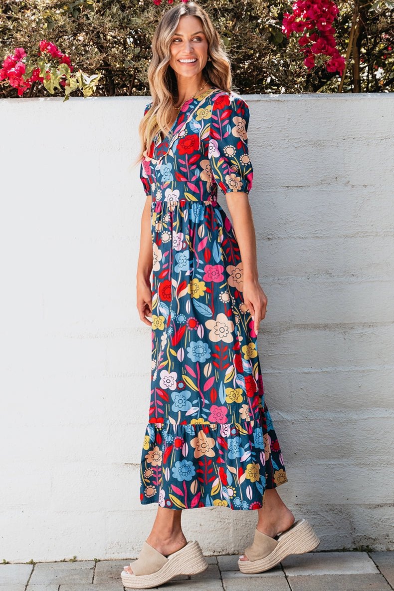 Fashion Short Sleeve Dress Summer Slimming Florals Print - Kaiju Mafia