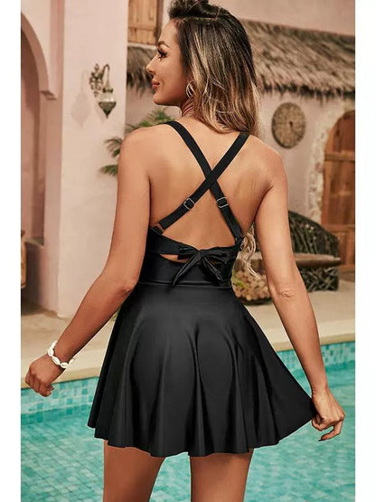 2024 Summer New Arrival One - Piece Skirt Belly Contracting Swimsuit European and American Sexy Big U - Neck Cross Strap Swimsuit for Women - Kaiju Mafia