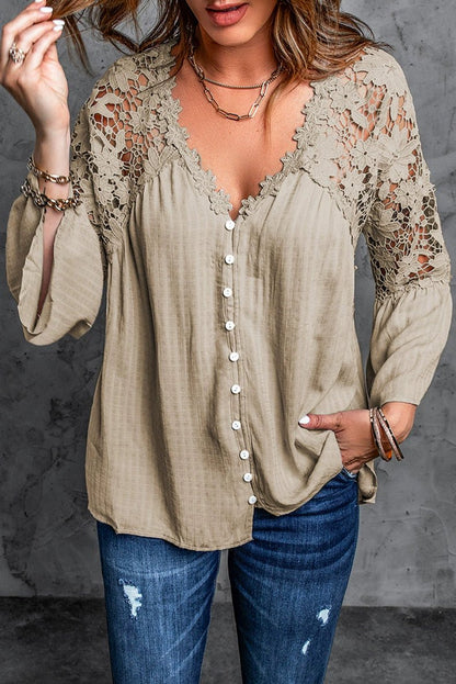 Fashion V Neck Chiffon Shirt Loose Long Sleeves Pullover Lace - Kaiju Mafia