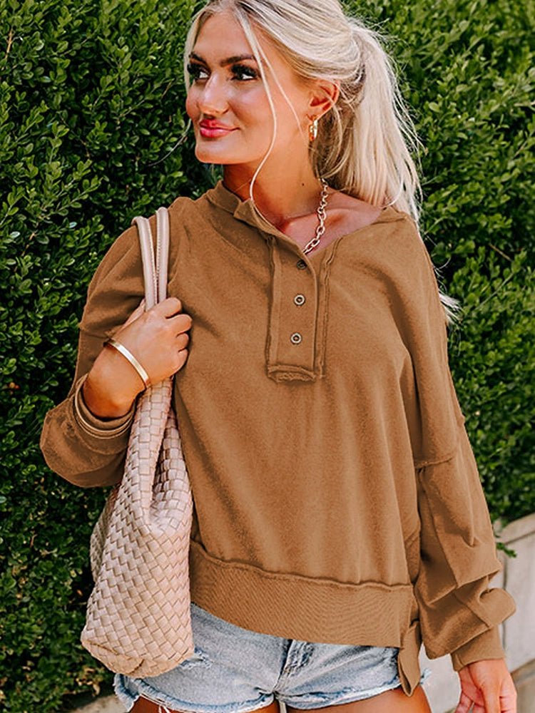 Fall New Arrival Pure Color Outer Stitching Button Sweatshirt Women 2024 European and American Leisure Easiest for Match Loose V Neck Pullover Women - Kaiju Mafia