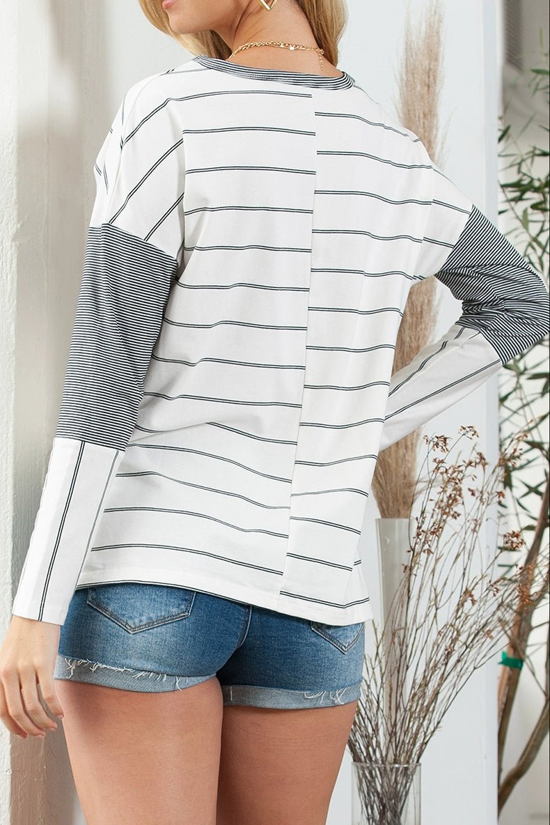 2024 Autumn Thin Striped Printed Long Sleeves T-shirt Female European and American All - Matching Hem Side Slit round Neck Pullover Top - Kaiju Mafia