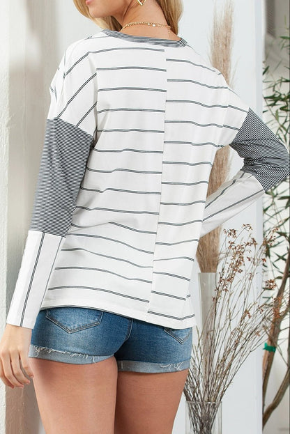 2024 Autumn Thin Striped Printed Long Sleeves T-shirt Female European and American All - Matching Hem Side Slit round Neck Pullover Top - Kaiju Mafia