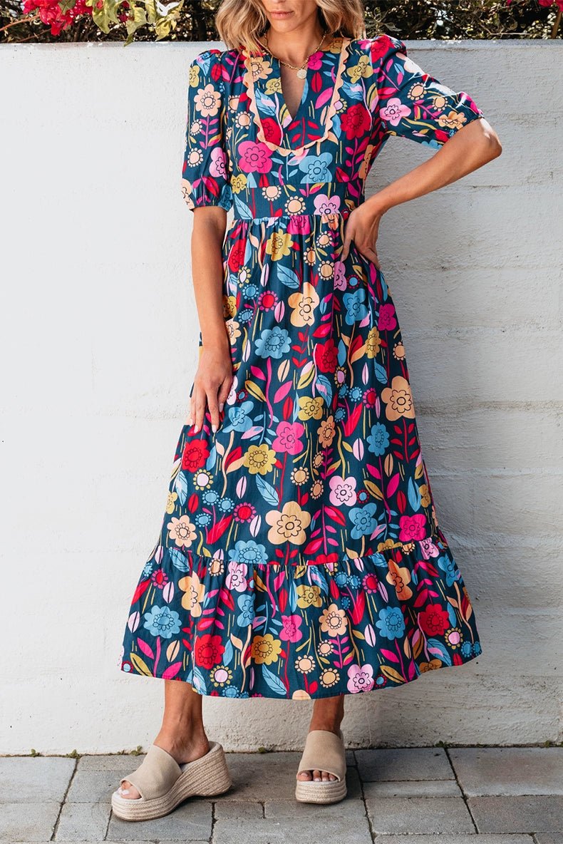 Fashion Short Sleeve Dress Summer Slimming Florals Print - Kaiju Mafia
