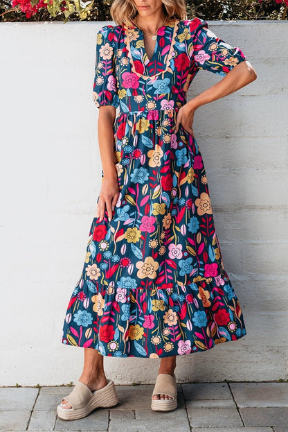 Fashion Short Sleeve Dress Summer Slimming Florals Print - Kaiju Mafia