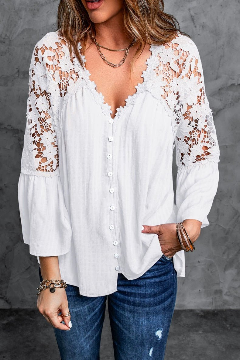 Fashion V Neck Chiffon Shirt Loose Long Sleeves Pullover Lace - Kaiju Mafia