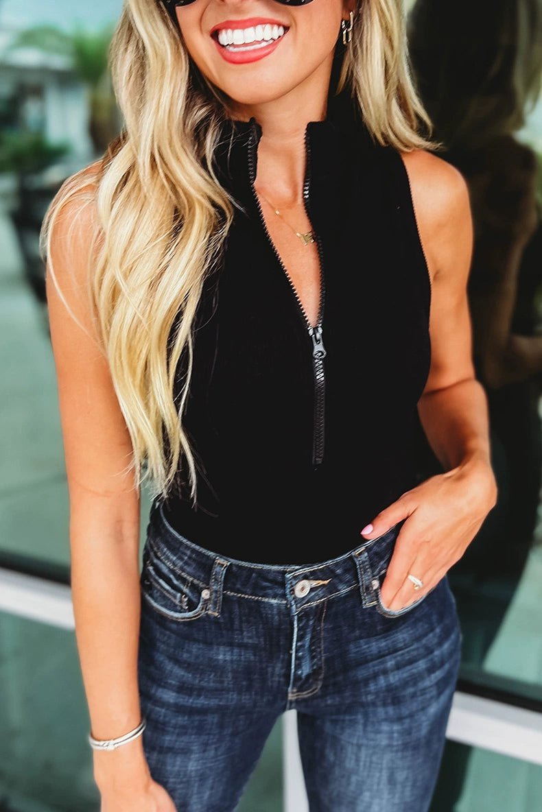 Fashion Pure Color Zipped Stand Collar Sleeveless Leotard Women&