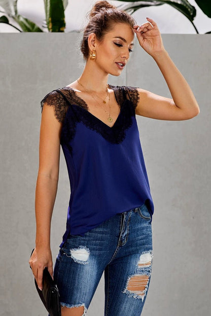 V Neck Loose Black Sleeveless Bottoming Top Lace - Kaiju Mafia