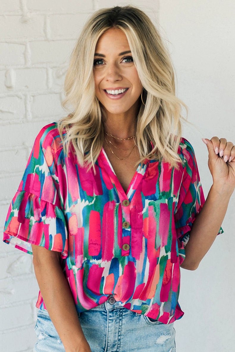 Fashion Abstract Stroke Print Short - Sleeved Chiffon Shirt Tops Women&