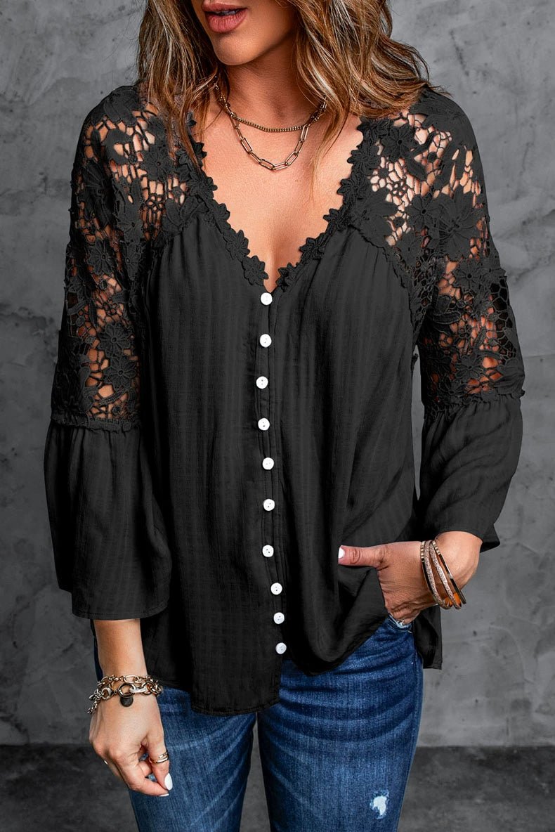 Fashion V Neck Chiffon Shirt Loose Long Sleeves Pullover Lace - Kaiju Mafia
