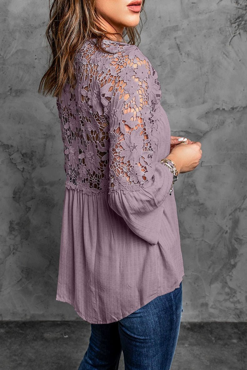 Fashion V Neck Chiffon Shirt Loose Long Sleeves Pullover Lace - Kaiju Mafia