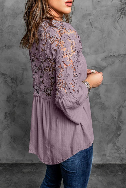 Fashion V Neck Chiffon Shirt Loose Long Sleeves Pullover Lace - Kaiju Mafia
