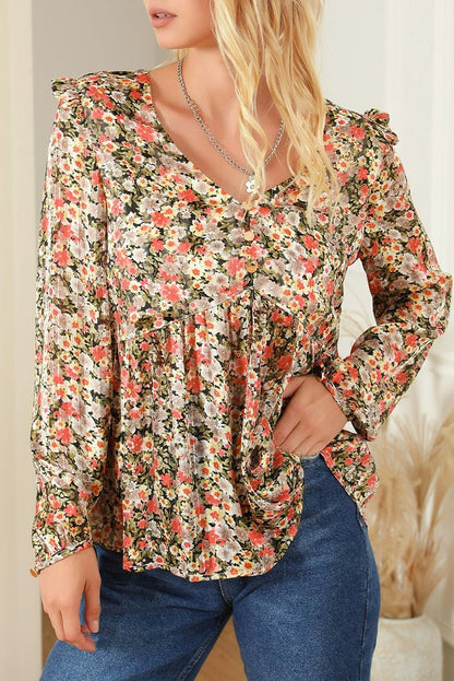 2024 Fall V Neck Floral Print Long Sleeve Pullover Shirt - Slimming Tops Women - Kaiju Mafia