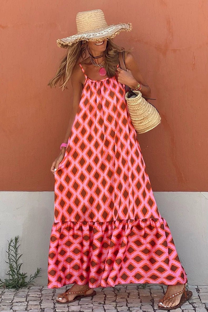 Fashion Geometric Print Sling Long Dress 2024 Summer New Arrival Loose Waist round Neck Sleeveless Thin Dress - Kaiju Mafia