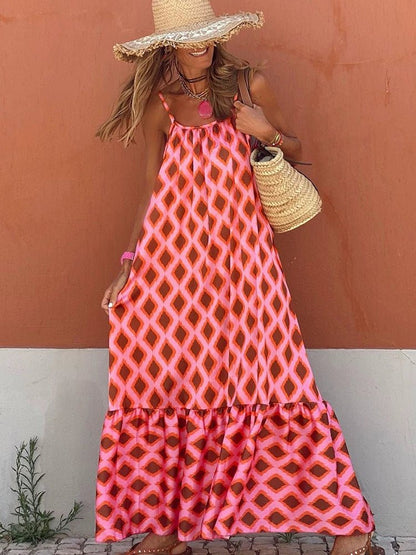 Fashion Geometric Print Sling Long Dress 2024 Summer New Arrival Loose Waist round Neck Sleeveless Thin Dress - Kaiju Mafia