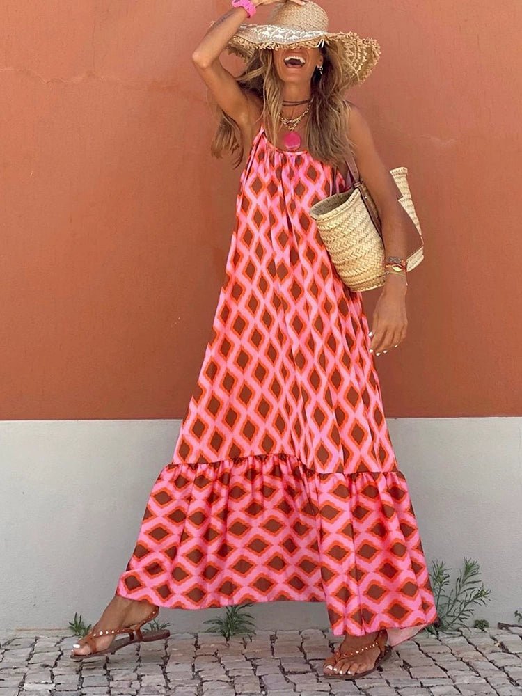 Fashion Geometric Print Sling Long Dress 2024 Summer New Arrival Loose Waist round Neck Sleeveless Thin Dress - Kaiju Mafia