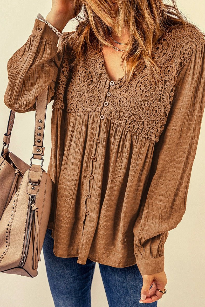 Fall 2024 New Brown Lace Crochet Shirt Women Fashion Style Fashion Button V Neck Little - Girl Style Clothes Tops Women - Kaiju Mafia