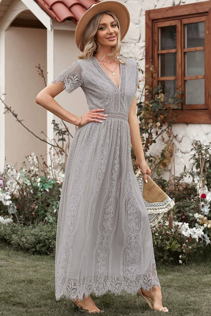 V Neck Fashion White Fairy Lace Dress Short Sleeve - Kaiju Mafia