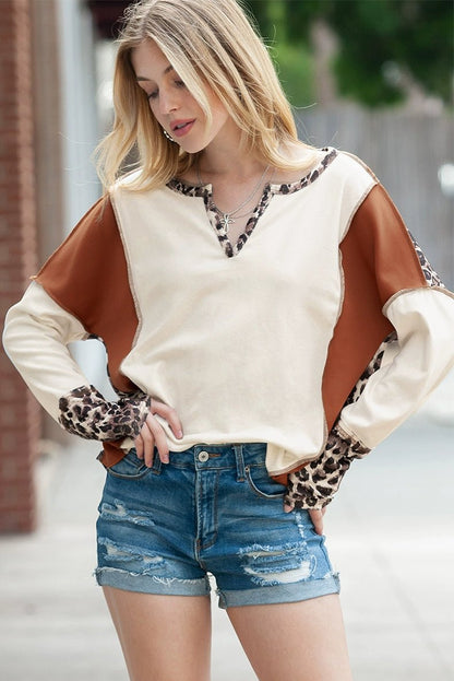 Fashion Leopard Print Stitching Long Sleeve T-shirt Women 2024 Spring &amp; Fall New V - neck Pullover Women Casual Pullover Tops - Kaiju Mafia