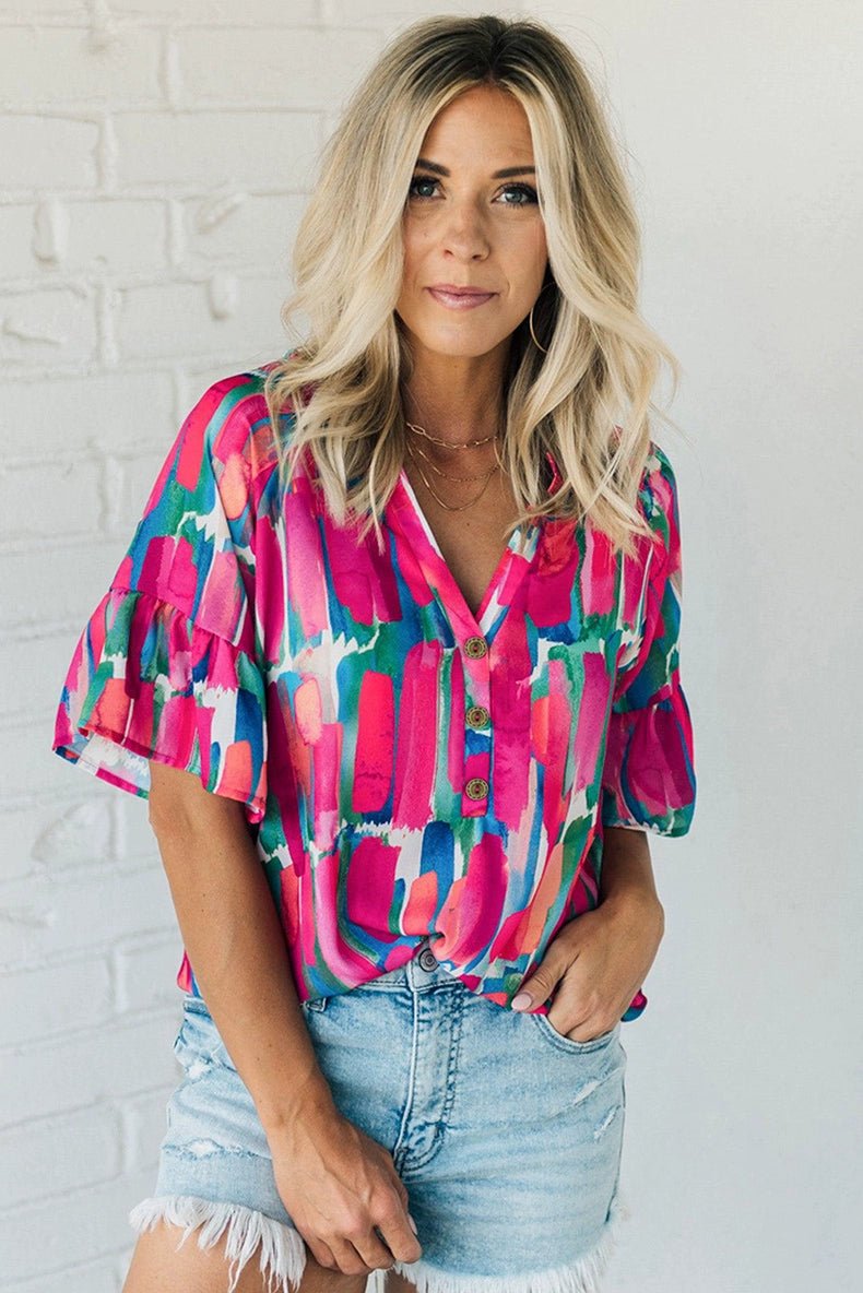 Fashion Abstract Stroke Print Short - Sleeved Chiffon Shirt Tops Women&