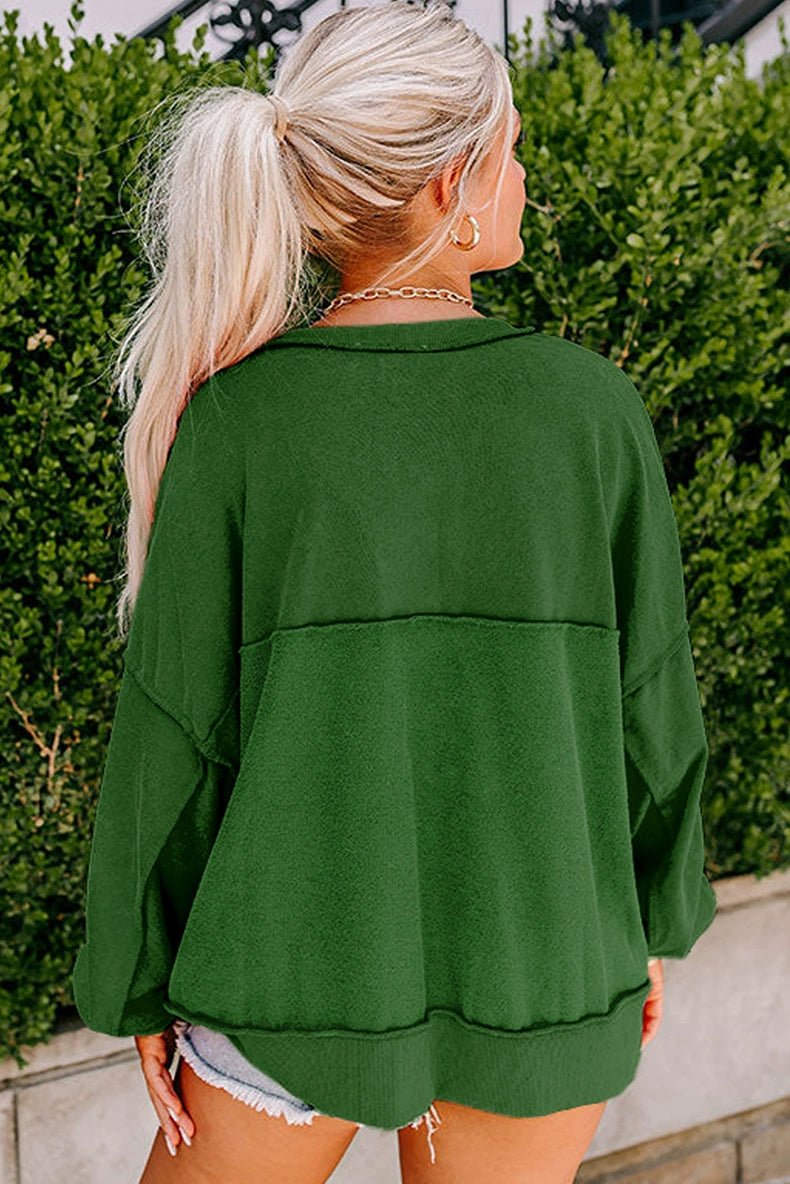 Fall New Arrival Pure Color Outer Stitching Button Sweatshirt Women 2024 European and American Leisure Easiest for Match Loose V Neck Pullover Women - Kaiju Mafia