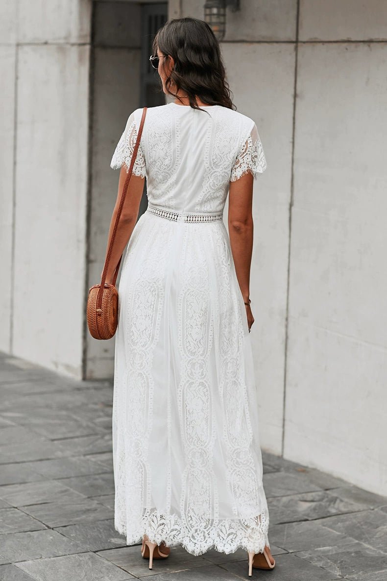 V Neck Fashion White Fairy Lace Dress Short Sleeve - Kaiju Mafia