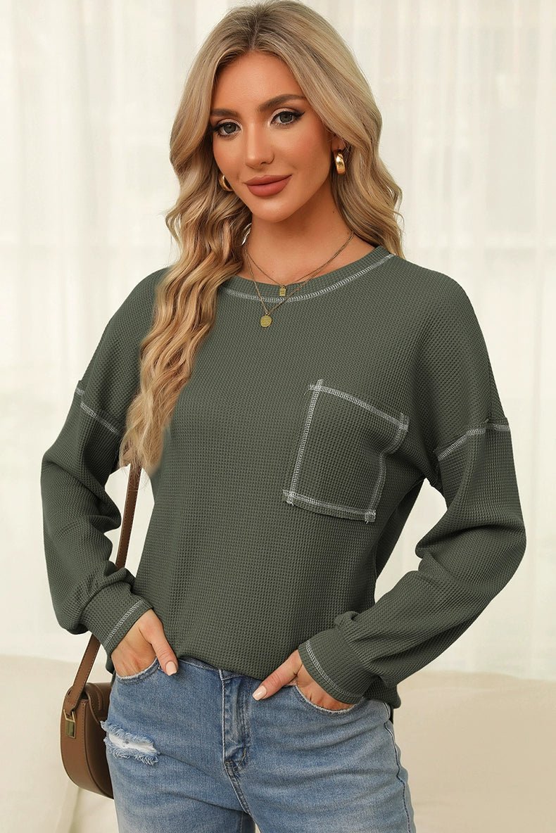 Spring New Arrival Pure Color Waffle Knitting T-shirt Female European and American Leisure Wind Pullover round Neck Long Sleeve Top Female - Kaiju Mafia