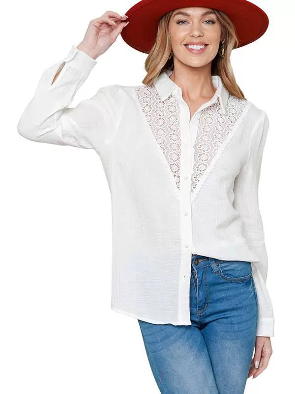 Fall Lace Cut Out Long Sleeves Thin Shirt Female 2024 New Arrival Easiest for Match Loose Lapel Single Breasted Shirt Coat - Kaiju Mafia