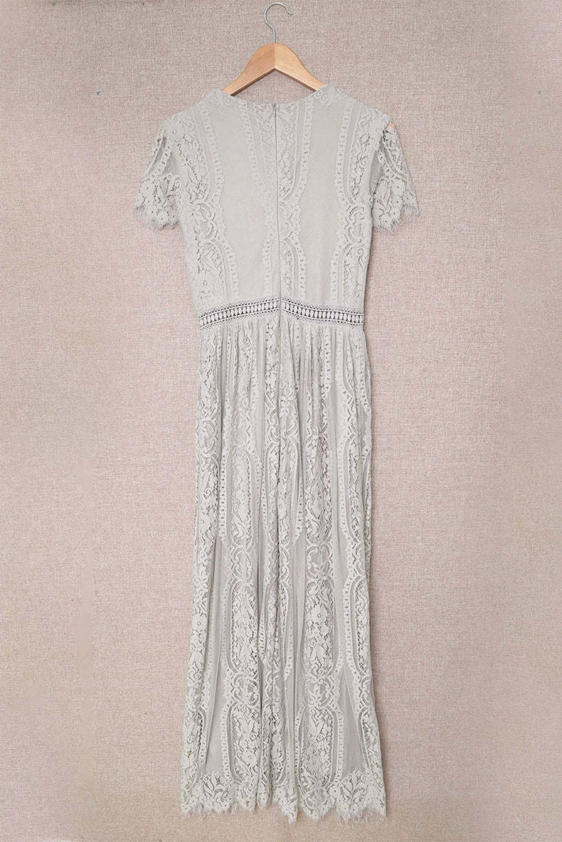 V Neck Fashion White Fairy Lace Dress Short Sleeve - Kaiju Mafia