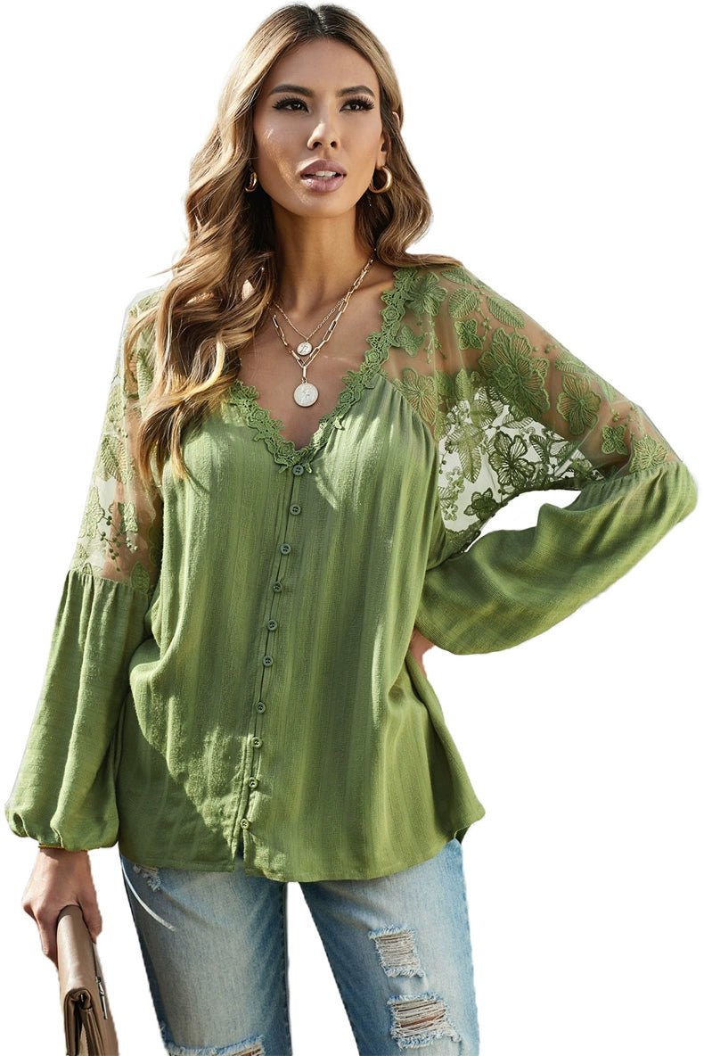 Fashion V Neck Chiffon Shirt Loose Long Sleeves Pullover Lace - Kaiju Mafia