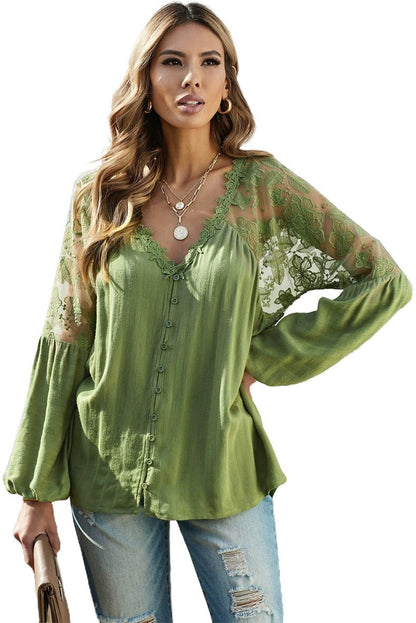 Fashion V Neck Chiffon Shirt Loose Long Sleeves Pullover Lace - Kaiju Mafia