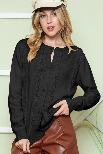 Fall 2024 New round Neck Long Sleeves Cardigan Sweater Women Fashion All - Match Lace Trim Knitted Cardigan Top Women - Kaiju Mafia