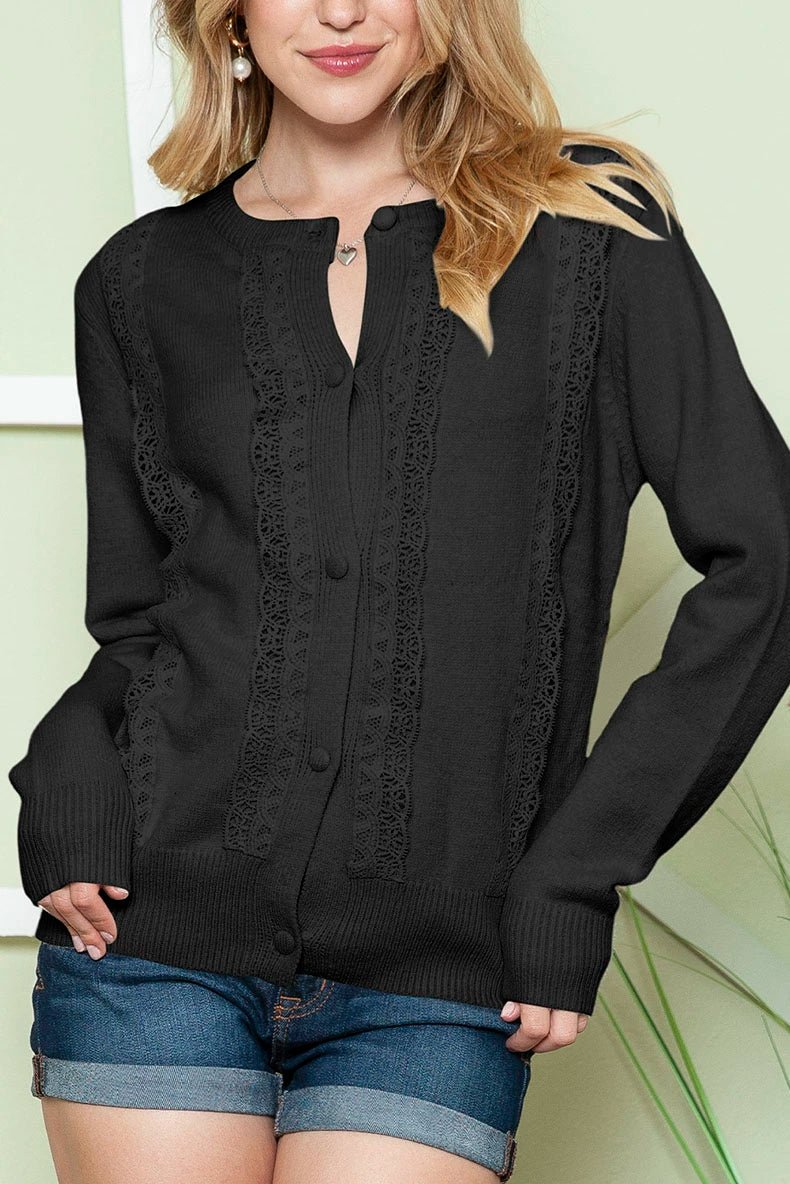Fall 2024 New round Neck Long Sleeves Cardigan Sweater Women Fashion All - Match Lace Trim Knitted Cardigan Top Women - Kaiju Mafia