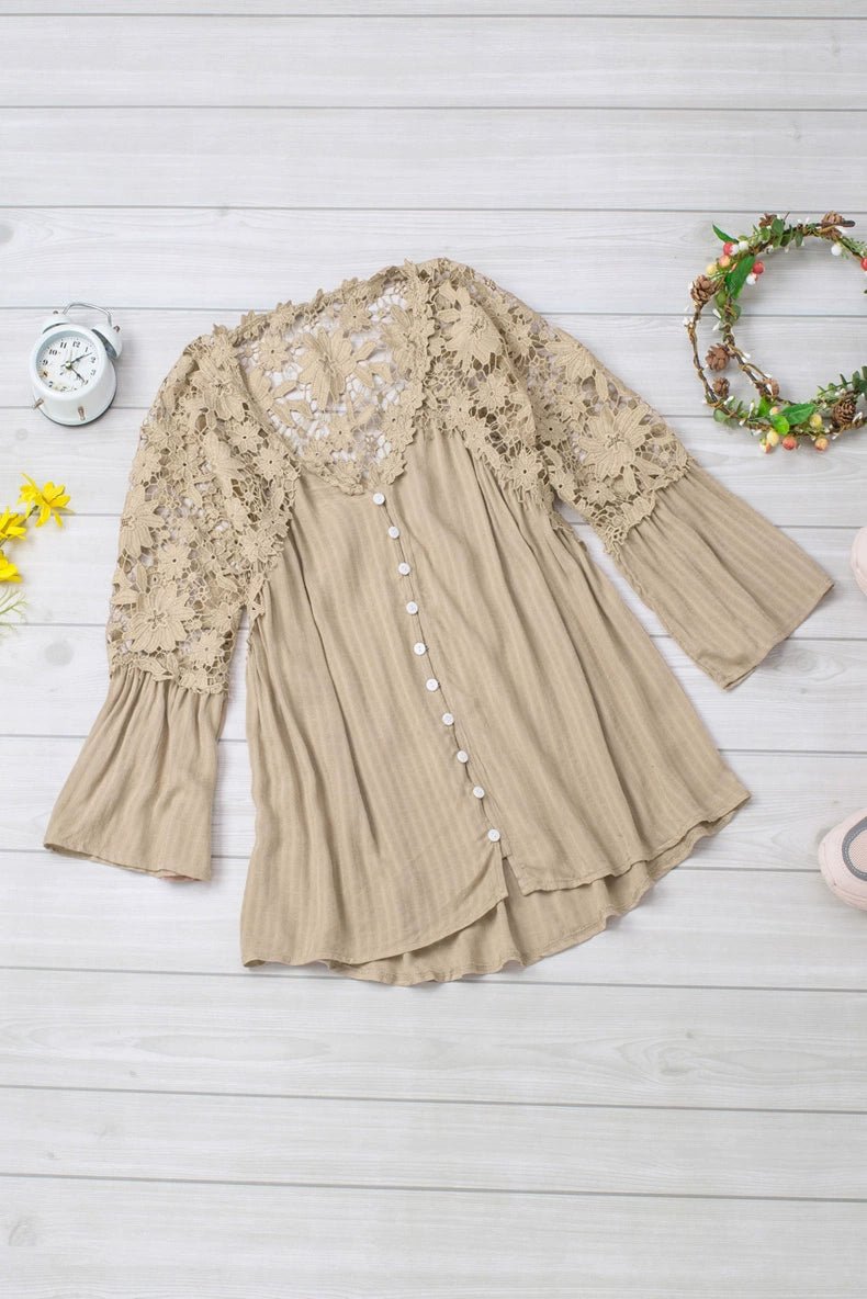 Fashion V Neck Chiffon Shirt Loose Long Sleeves Pullover Lace - Kaiju Mafia