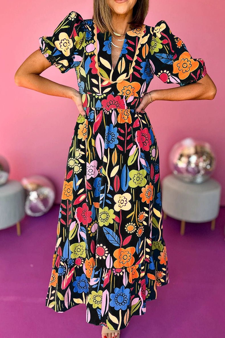 Fashion Short Sleeve Dress Summer Slimming Florals Print - Kaiju Mafia