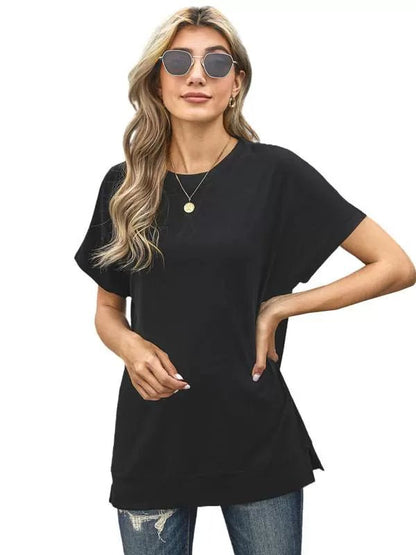 2024 Summer New Arrival Shoulder Solid Color round Neck Short Sleeves T-shirt Female European and American Leisure Minimalist Easiest for Match Three Quarter Sleeve Tops - Kaiju Mafia