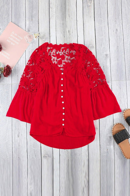 Fashion V Neck Chiffon Shirt Loose Long Sleeves Pullover Lace - Kaiju Mafia