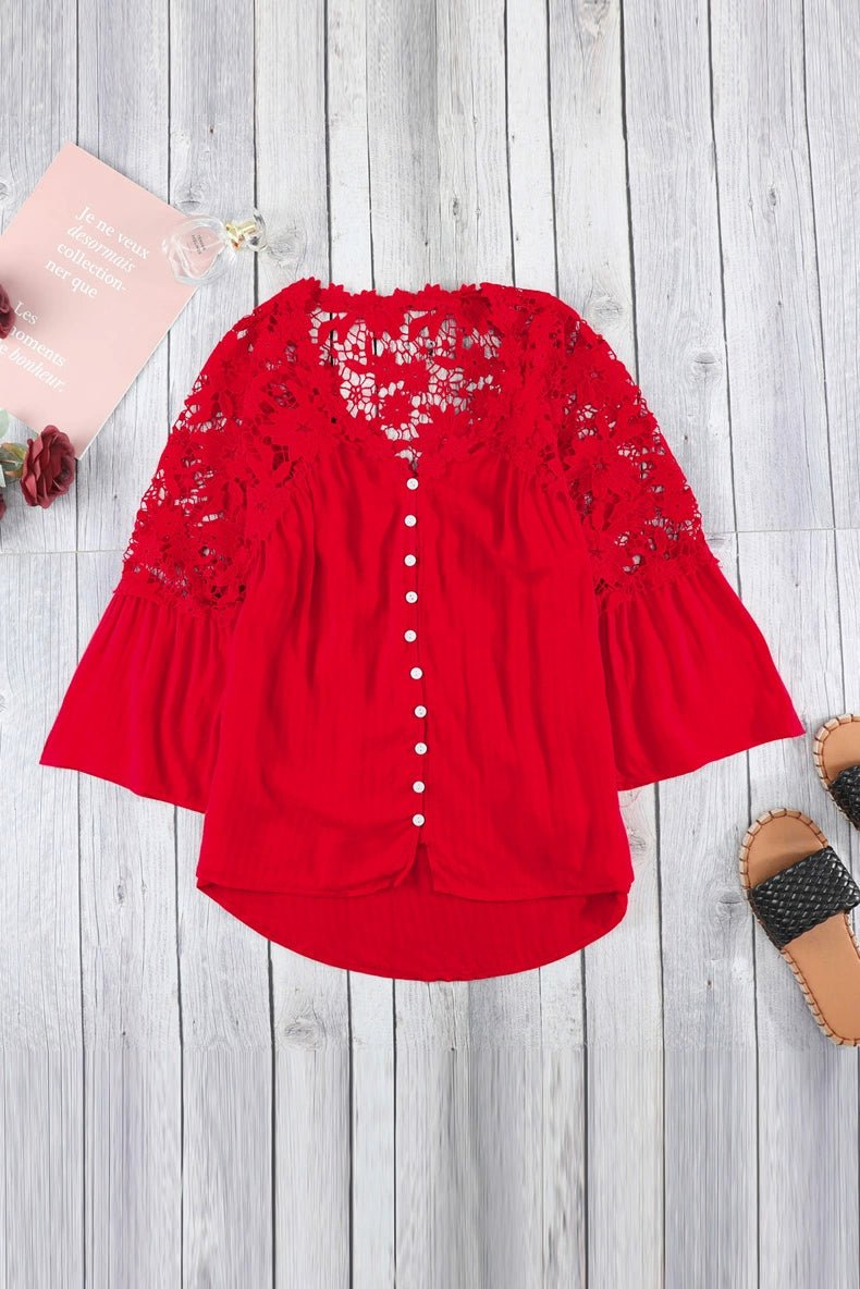 Fashion V Neck Chiffon Shirt Loose Long Sleeves Pullover Lace - Kaiju Mafia