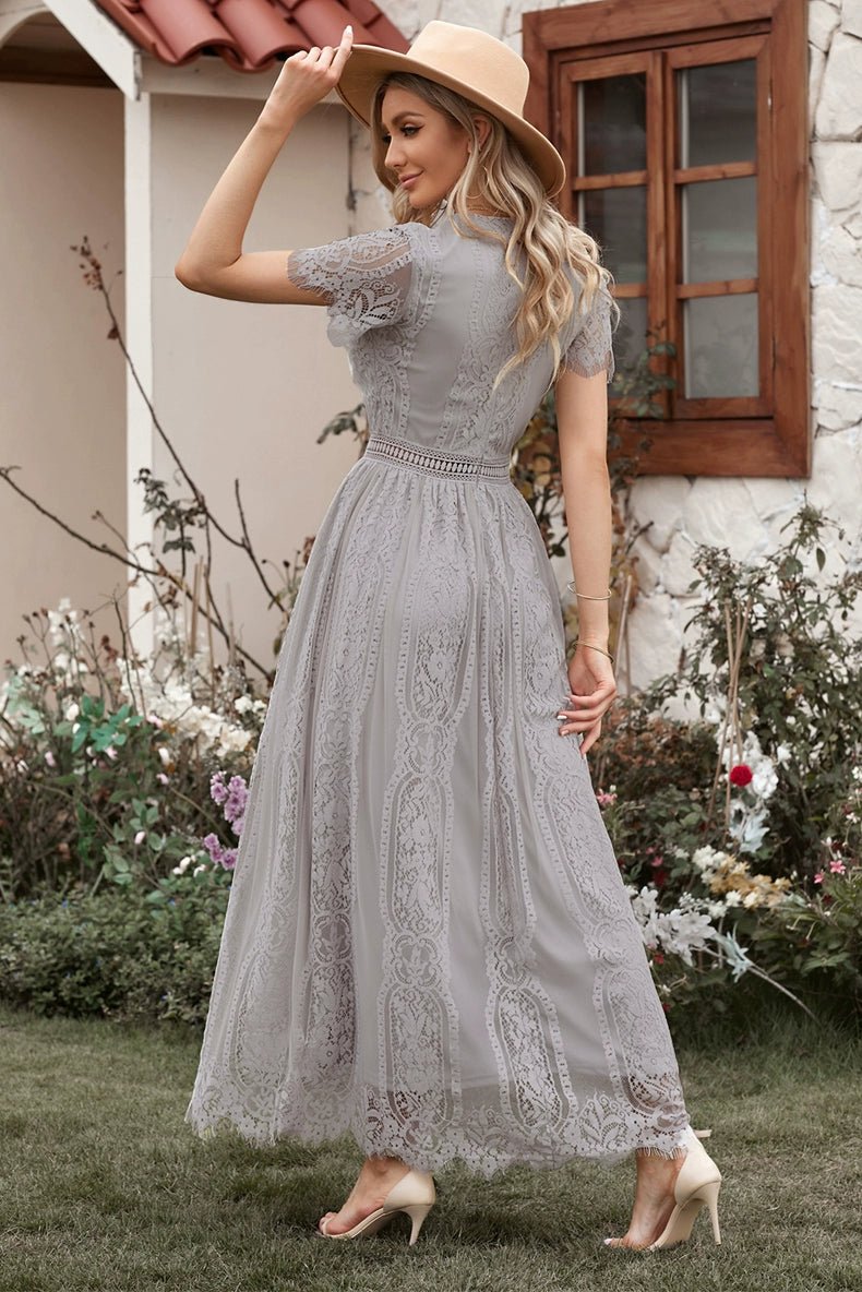 V Neck Fashion White Fairy Lace Dress Short Sleeve - Kaiju Mafia