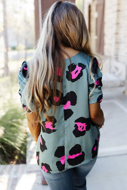 Leopard Print Fashion V Neck Pullover Print Short Sleeve T-shirt - Kaiju Mafia