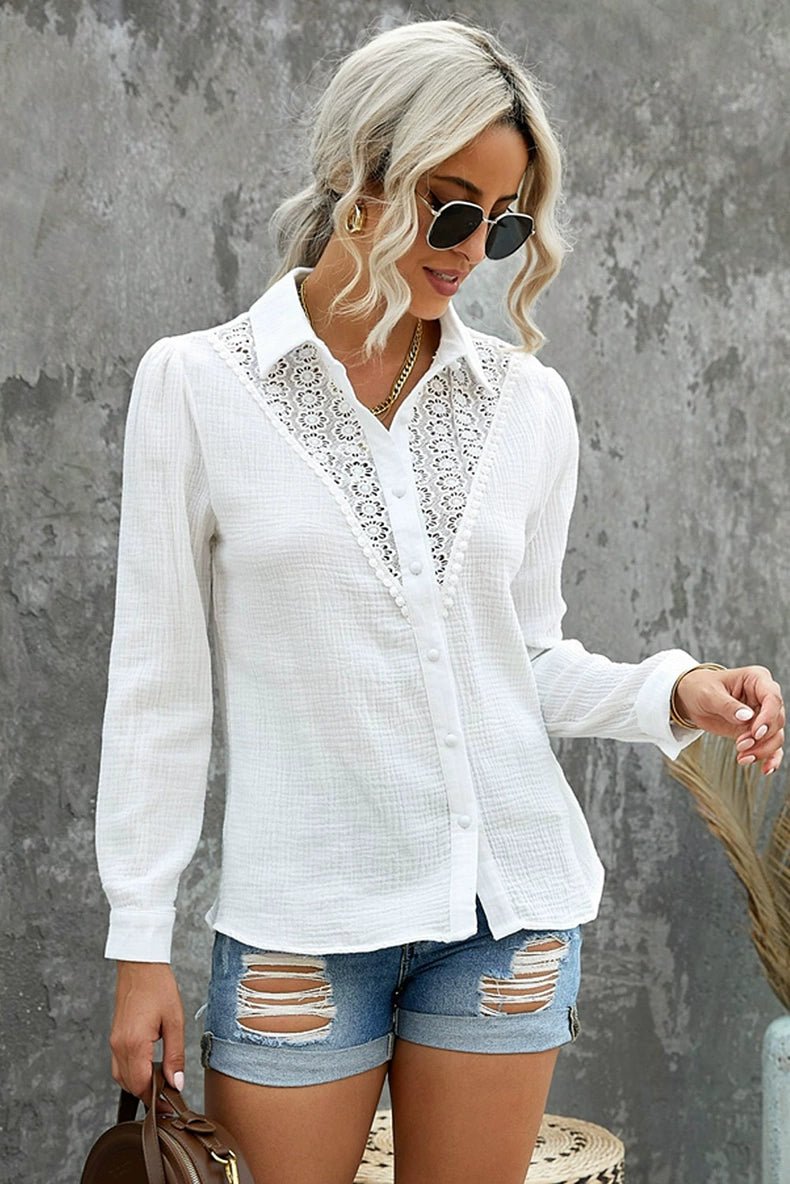 Fall Lace Cut Out Long Sleeves Thin Shirt Female 2024 New Arrival Easiest for Match Loose Lapel Single Breasted Shirt Coat - Kaiju Mafia