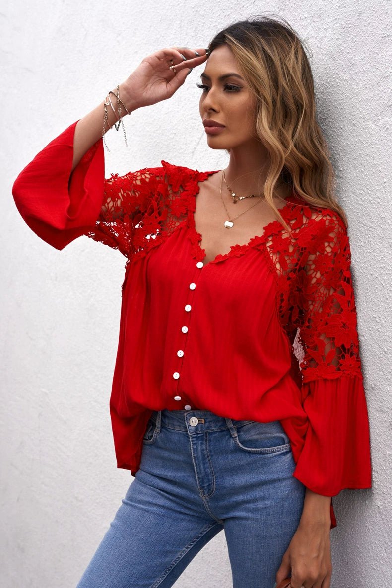 Fashion V Neck Chiffon Shirt Loose Long Sleeves Pullover Lace - Kaiju Mafia