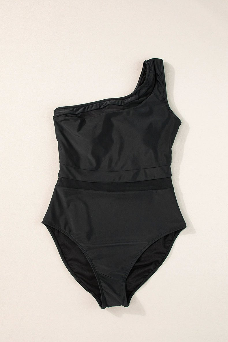 2024 Summer One - Shoulder Diagonal Collar One - Piece Swimsuit Female Fashion New Arrival Slim Cover Belly Mesh Patchwork Quick - Drying Swimwear - Kaiju Mafia