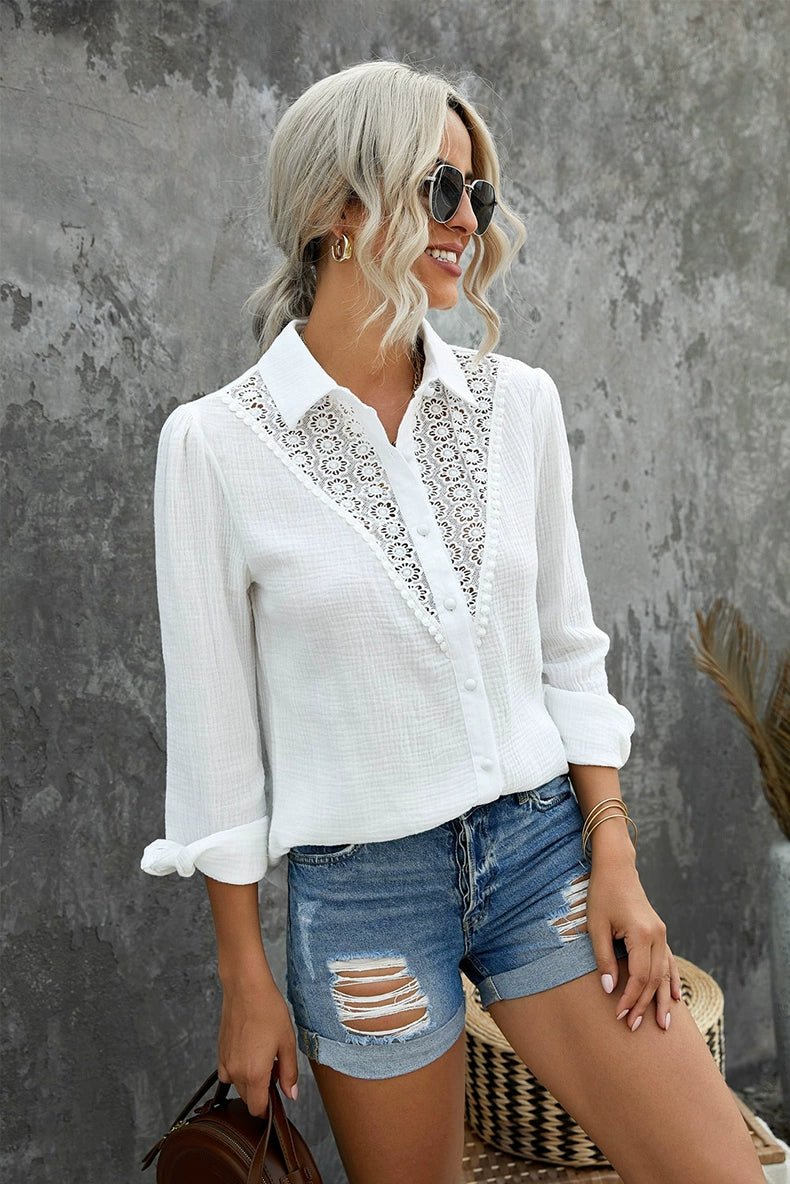 Fall Lace Cut Out Long Sleeves Thin Shirt Female 2024 New Arrival Easiest for Match Loose Lapel Single Breasted Shirt Coat - Kaiju Mafia