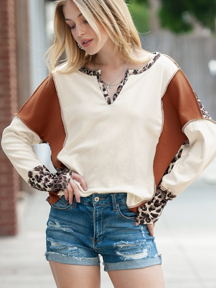 Fashion Leopard Print Stitching Long Sleeve T-shirt Women 2024 Spring &amp; Fall New V - neck Pullover Women Casual Pullover Tops - Kaiju Mafia