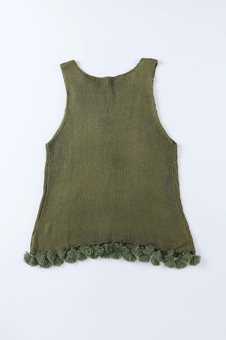 2024 Summer New Outdoor Cut Out Woolen Vest Female European and American Leisure Fashion Tassel round Neck Sleeveless Tops Female - Kaiju Mafia